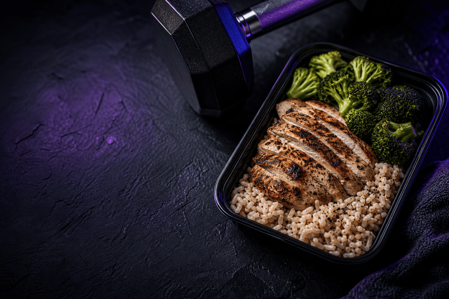 Meal prep and dumbbells under moody purple gym lighting