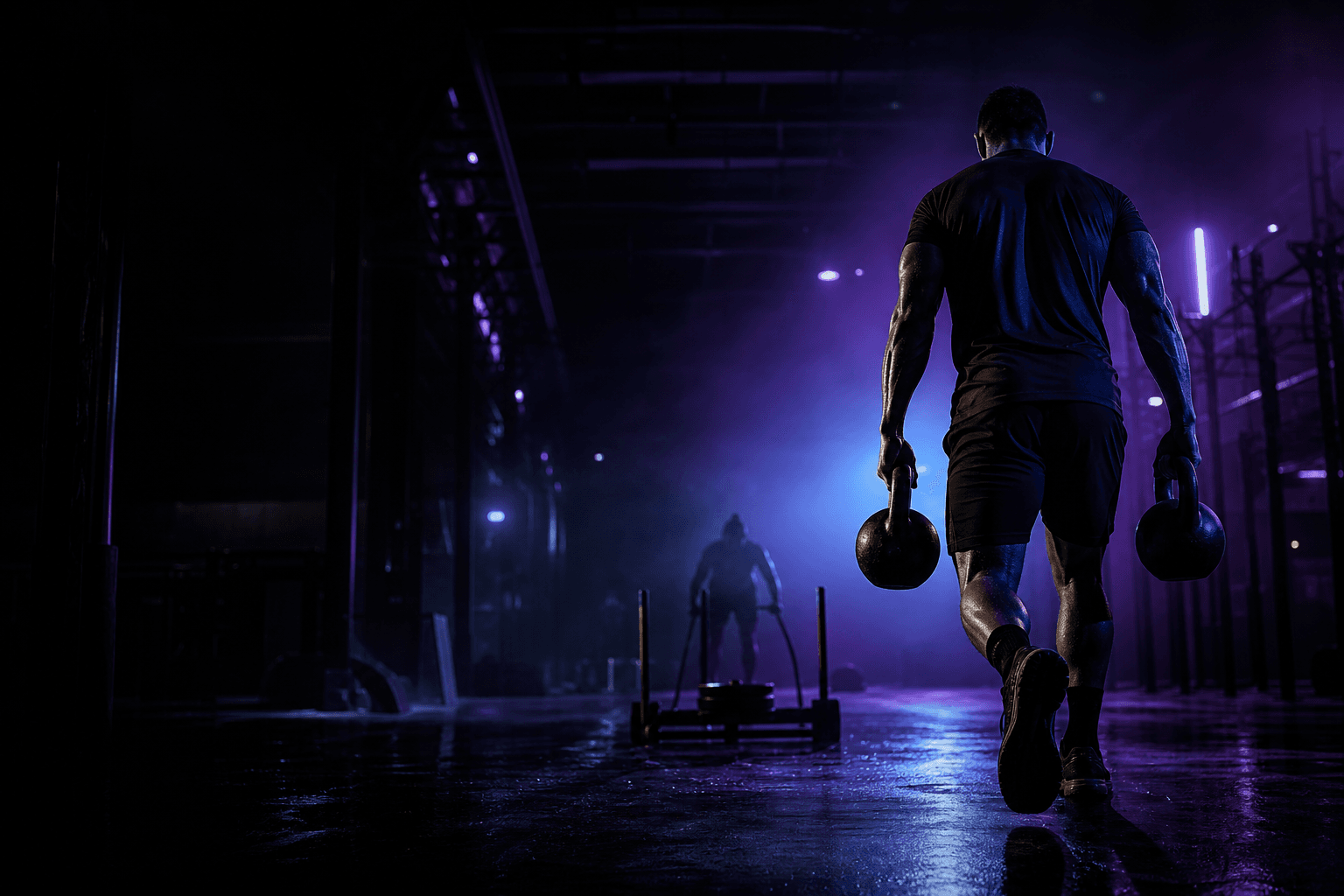 Athlete training with kettlebells under moody purple Hyrox-style lighting