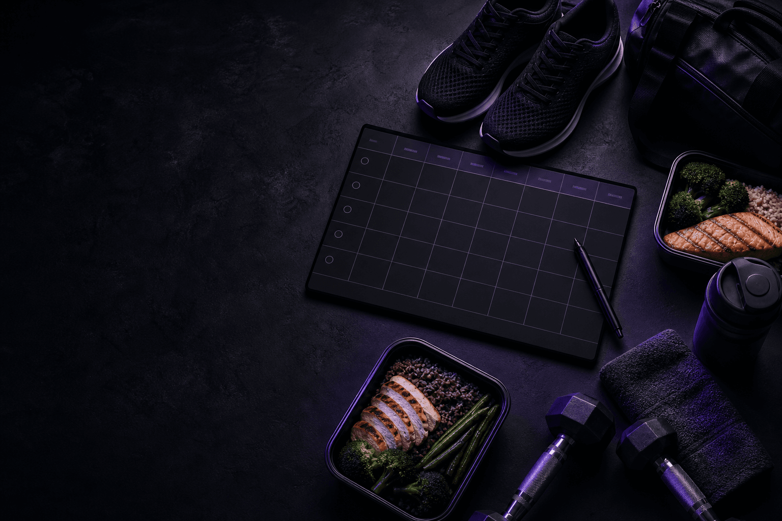 Weekly training and meal prep gear under moody purple fitness lighting